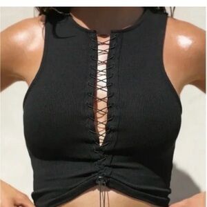 Joah Brown Black Lace-Up Ribbed Tank Top XS/S